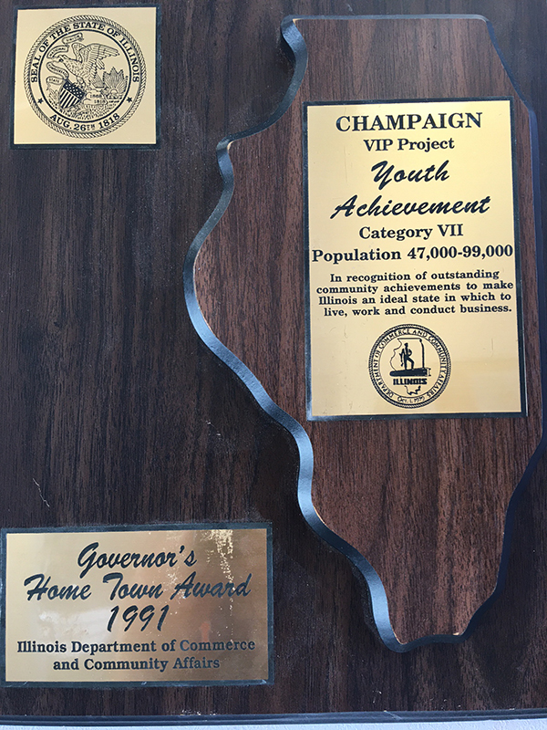 Plaque for the 1991 Governor's Home Town Award for Youth Achievement
