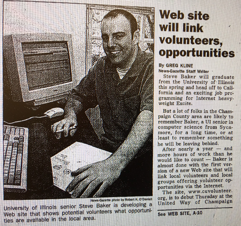 Clipping of print News-Gazette article and photo of Steve Baker who developed the CUVolunteer.org website