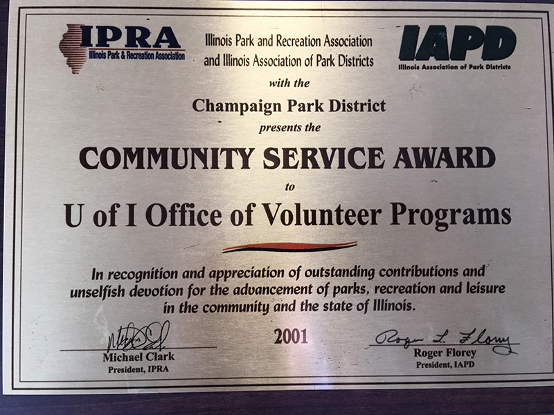 Plaque for the 2001 Champaign Park District Community of Service Award