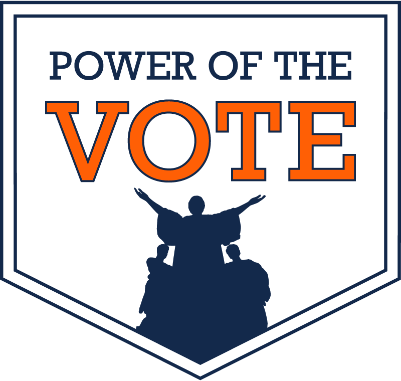 Power of the Vote logo in shield shape with illustration of Alma Mater statue at bottom