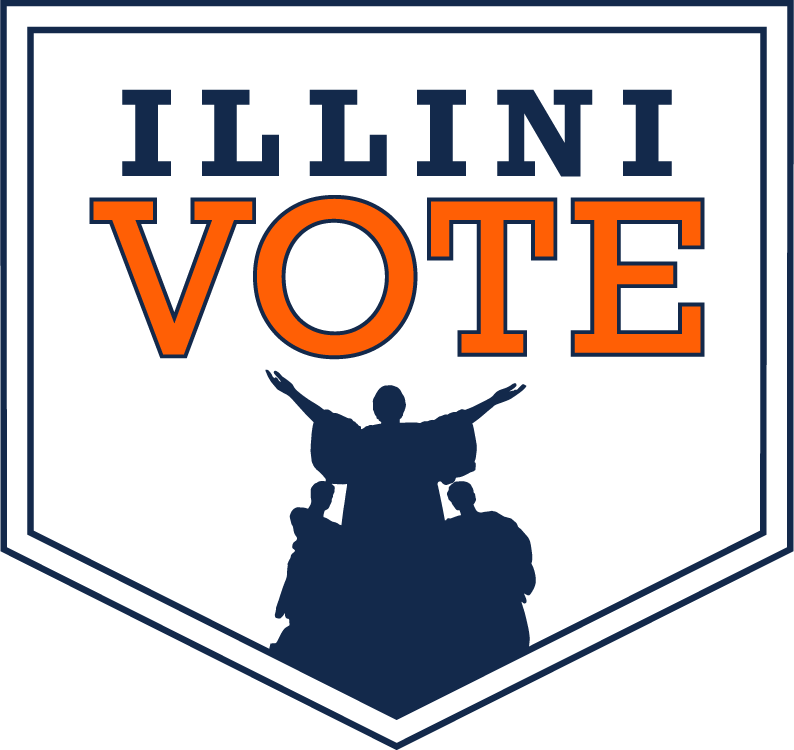 Illini Vote logo in shield shape with illustration of Alma Mater statue at bottom